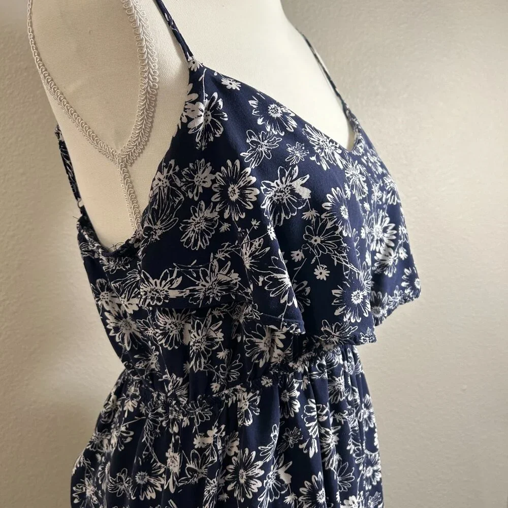 Women's Spring and Summer Navy Blue and White Printed Floral Dress with Ruffle